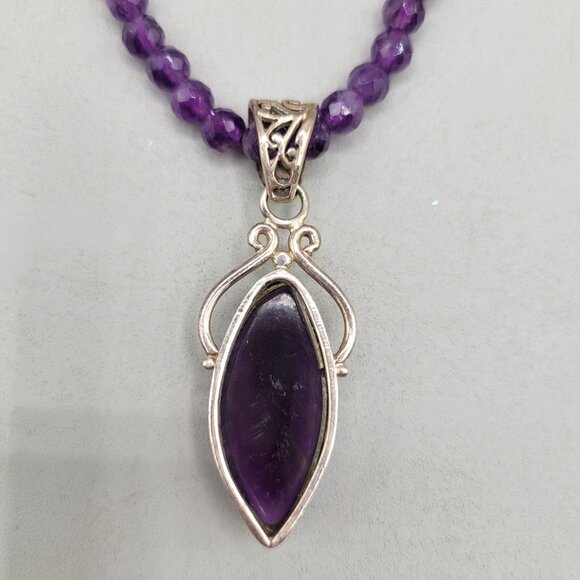 Amethyst Faceted Bead Necklace Sterling Silver Amethyst Pendant - Picture 4 of 8